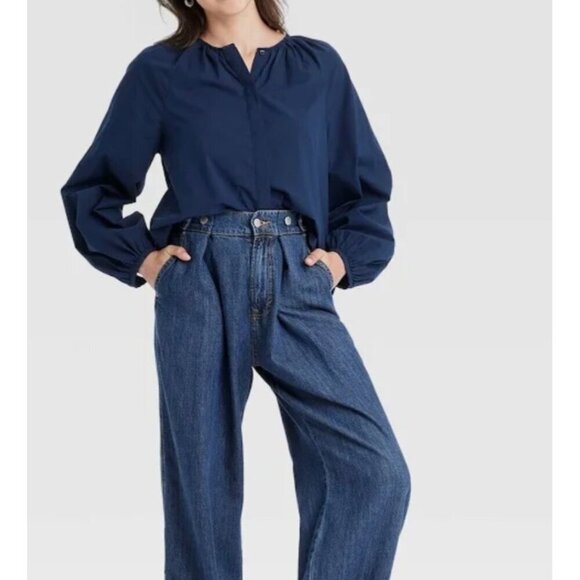 Universal Thread Navy Women's Button Down Balloon Long Sleeve cotton top size M - Picture 1 of 3